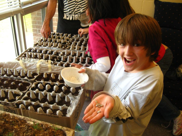 Un élève s'amuse avec des semis