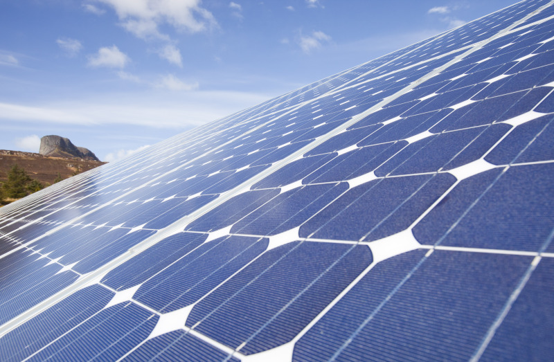 Arrays of solar PV panels on the Eigg off Scotland's west coast, UK