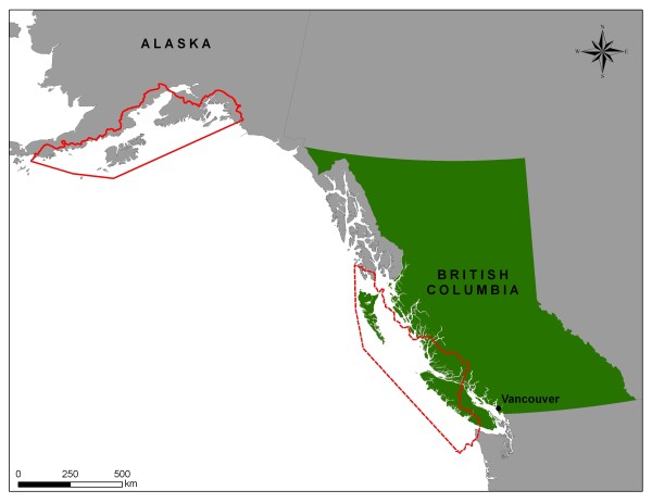 The Exxon Valdez spill area covered more than 200,000 square kilometres of Alaska’s coast. The same size spill is shown superimposed above against a map of B.C.’s coast.  Note: This is not a spill trajectory model for a spill on the BC coast.  