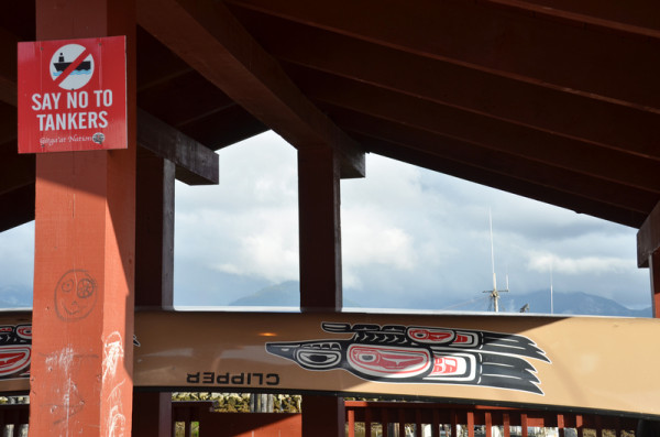 A sign that reads " Say no to tankers" is seen in the Great Bear Coast, British Columbia, Canada.