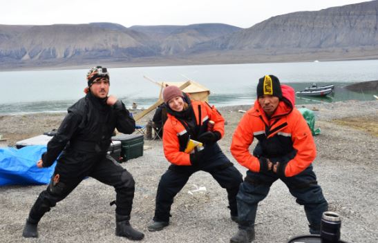 Joe, Lisa and PJ in their floater suits, about to head out to check the lines for Greenland sharks.