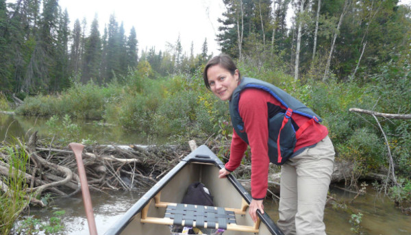 Tammy of HWL in front of a beaver dam on Birch Island Creek. © Marina Biasutti-Brown