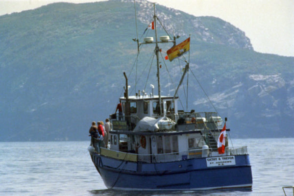 A tour boat sails in the Bay of Fundy, near Nova Scotia, Canada.