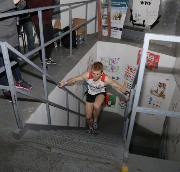 Shaun Stephens-Whale is the first to the top of the CN Tower's stairwell, climbing in under 10 minutes.