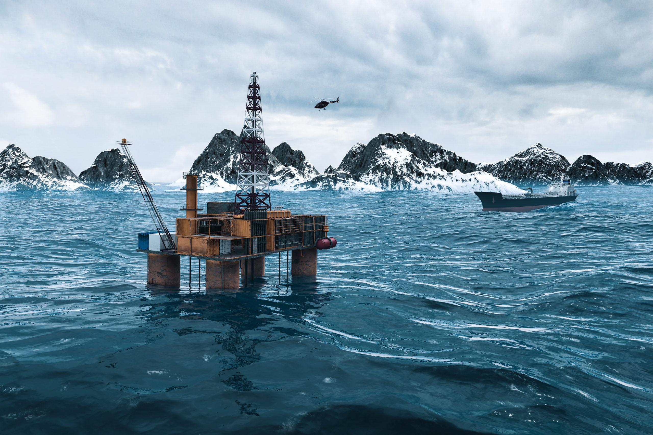 Oil platform in the Arctic Ocean, extraction of fuel resources