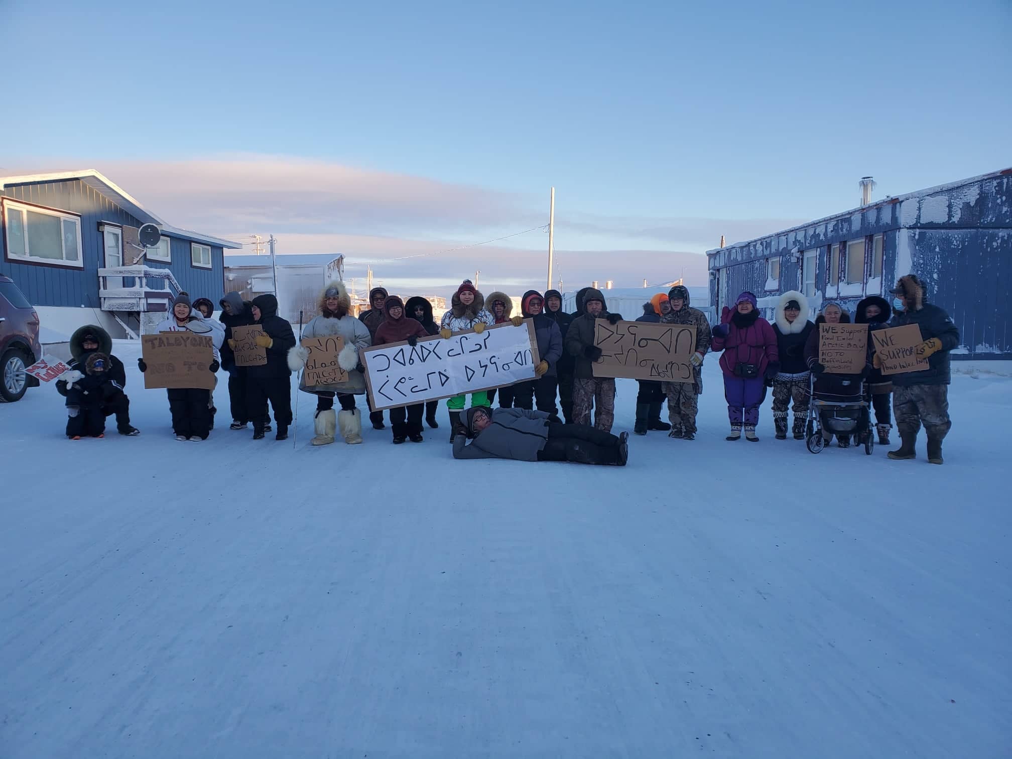 Baffinland blockade solidarity protest in Taloyoak, NU in February 2021