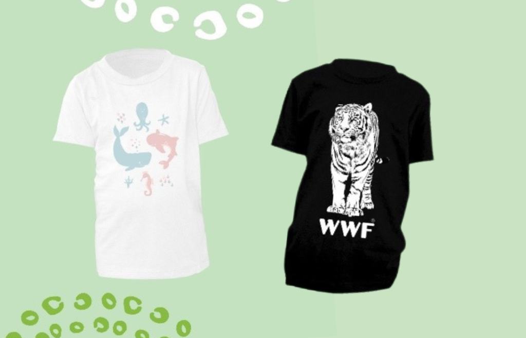 two graphic T-shirt designs for kids: ocean creatures and a tiger