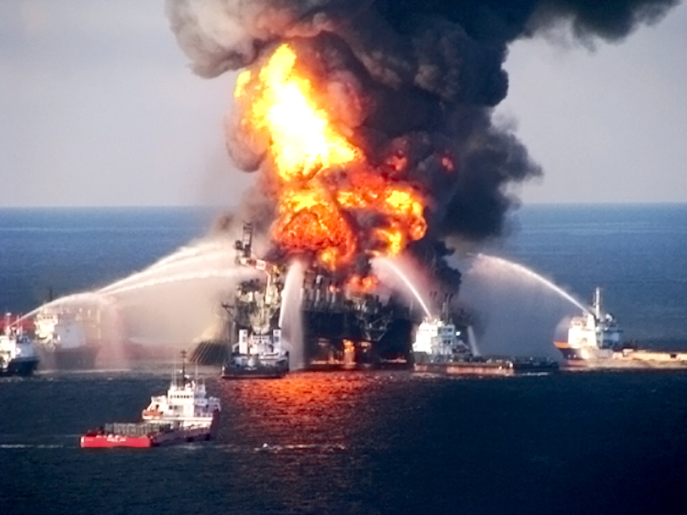 Deepwater Horizon offshore oil rig on fire in the Gulf of Mexico