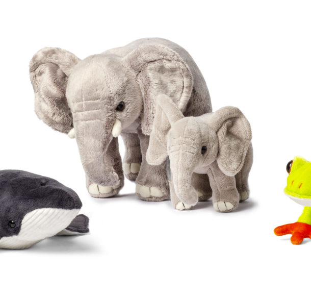 A photo of the three new symbolic adoption plushies: humpback whale, African elephant family and red-eyed tree frog