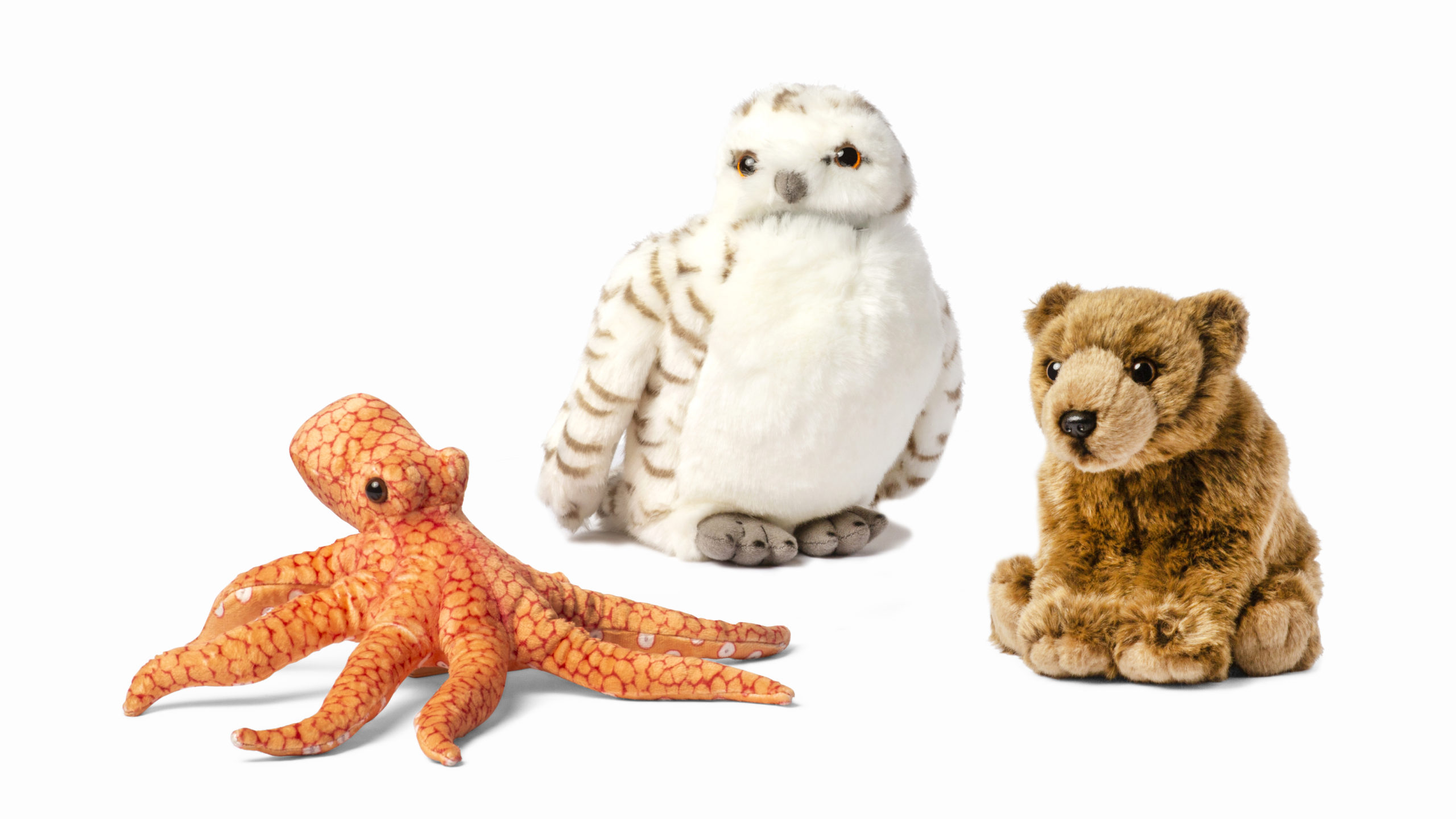 Une photo de peluches pieuvre, harfang des neiges et grizzli du WWF-Canada