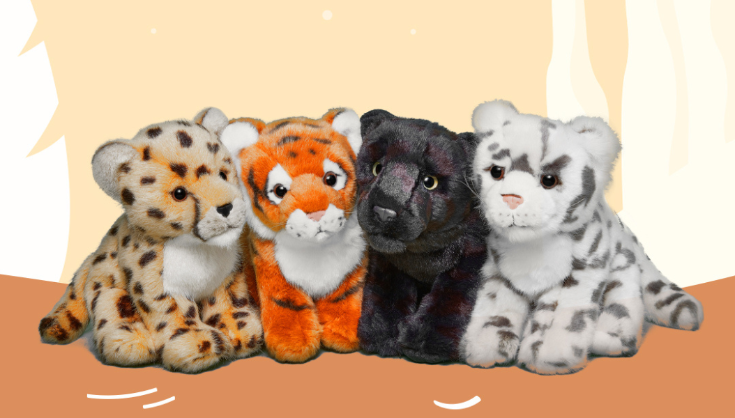 Big cat stuffue bundle with a cheetah, tiger, black jaguar and snow leopard