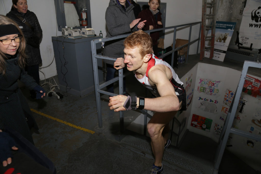 Shaun Stephens-Whale at the top of the CN Tower stairwell. after climbing in 9 minutes and 54.09