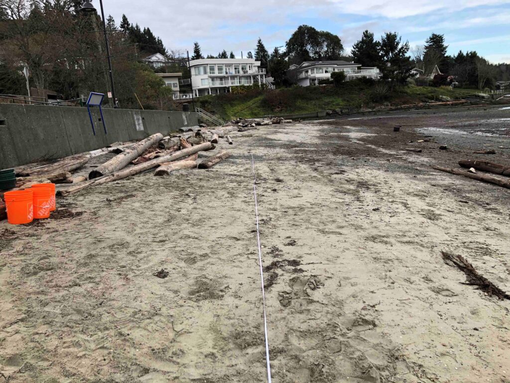 Photo of a coastline on Vancouver island. To the left of the photo, a cement wall has been built and below the wall lay some logs on the ground. There is a tapeline on the ground, parallel to the shoreline, which is located in the center of the image, between the wall and the shoreline. 