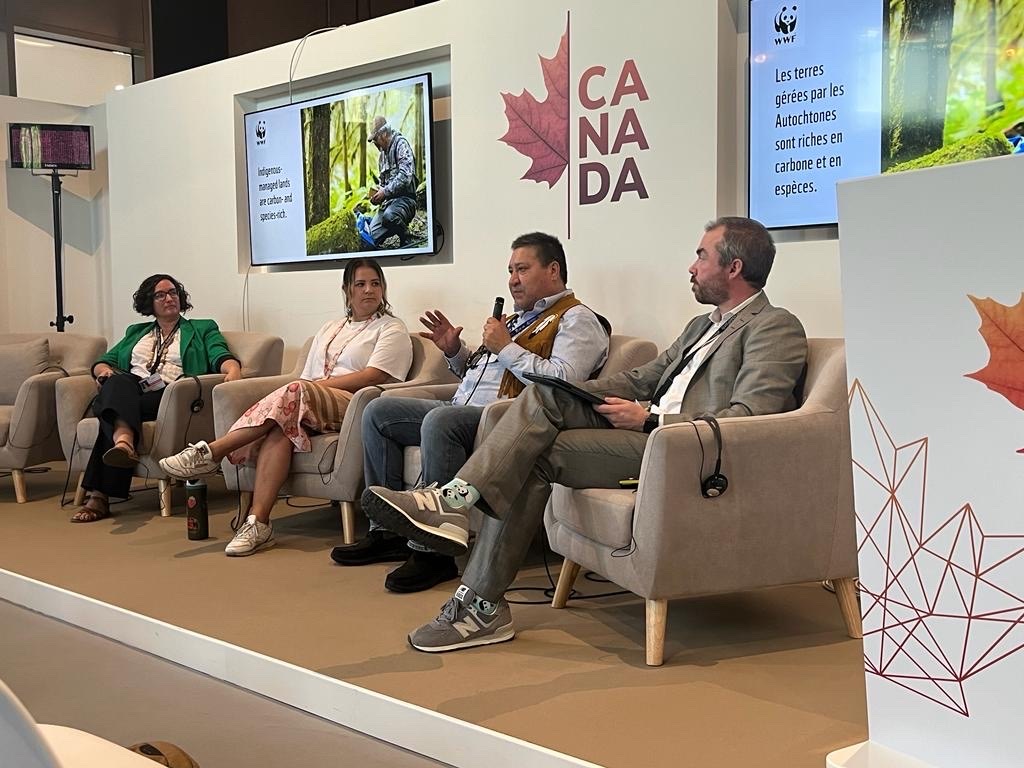 Two women and two men sitting on a stage with a sign that says "Canada" in the background