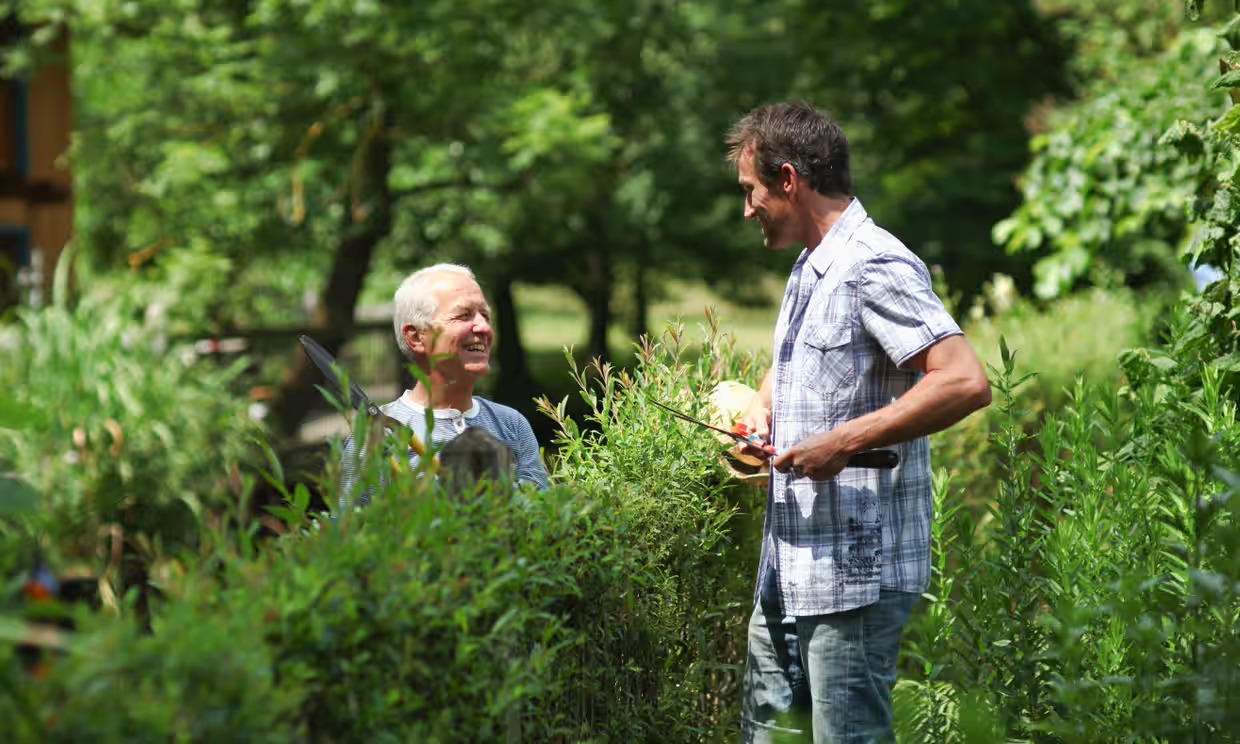 Two people standing on either side of a hedge smile while having a conversation.