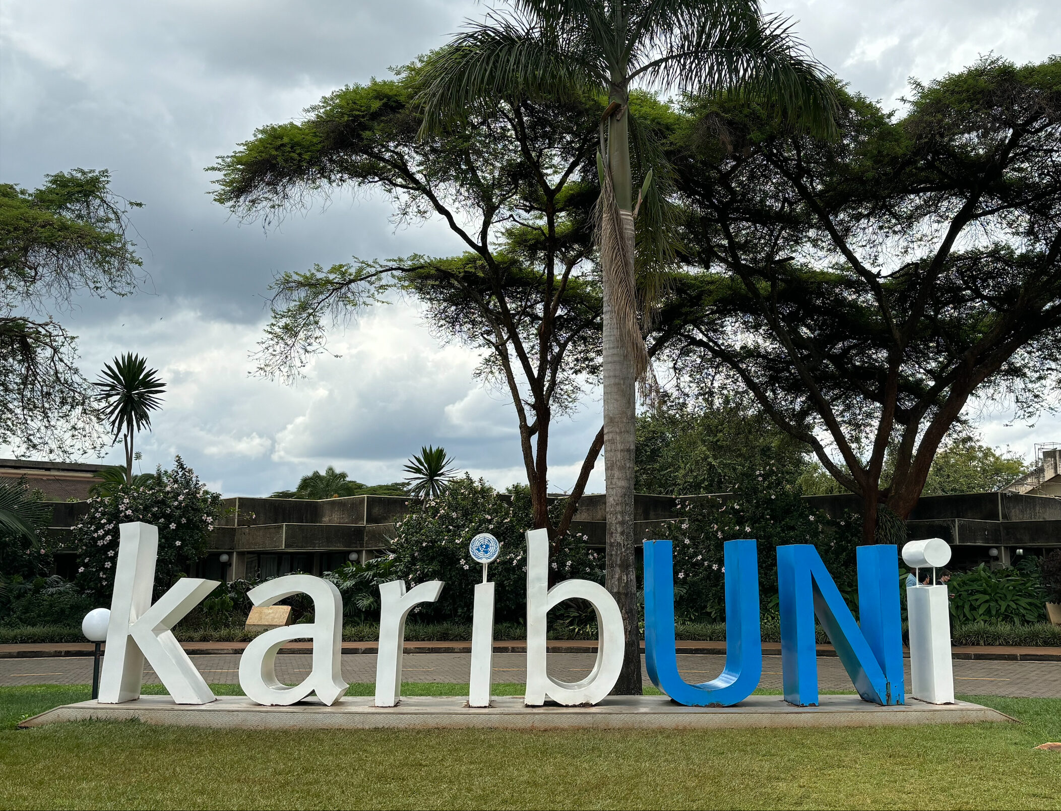 The KaribUNi (Kiswahili: welcome) sign at the entrance of UN Nairobi.