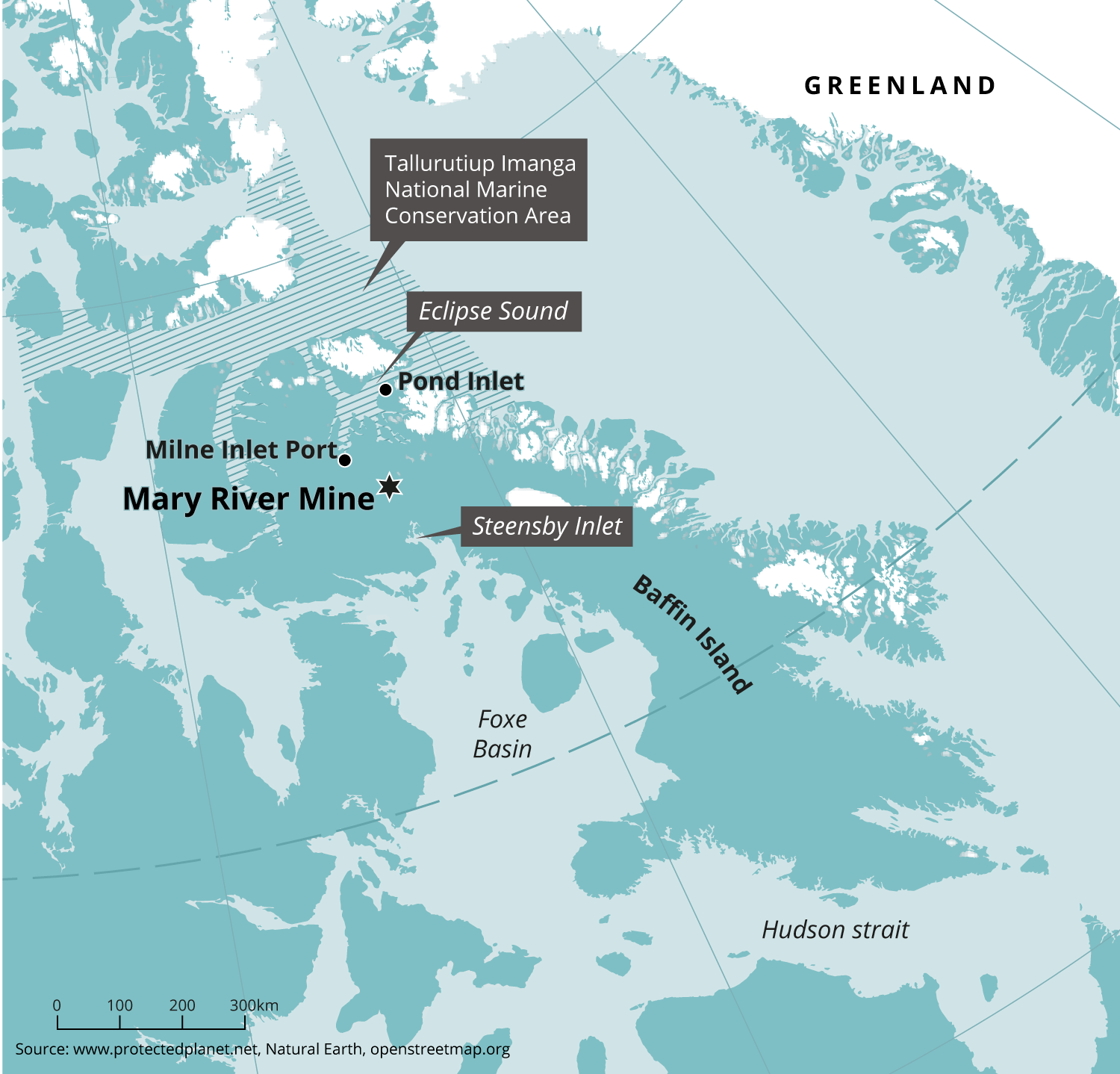 Map of Nunavut showing location of the Mary River Mine, Baffin Island, Eclipse Sound, Foxe Basin and is part of the Tallurutiup Imanga National Marine Conservation Area.